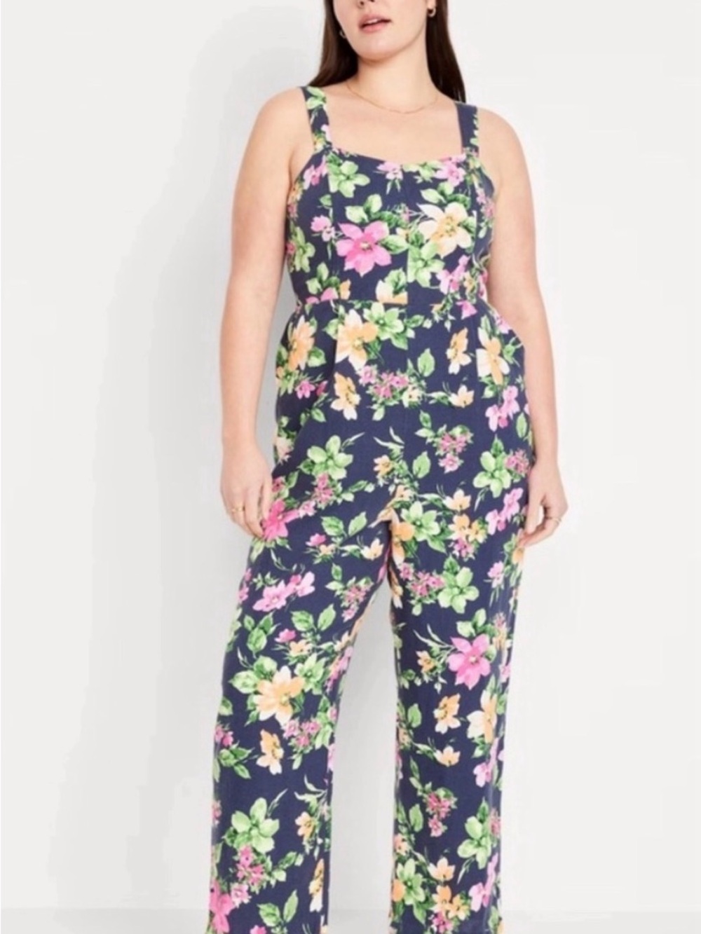 Old Navy Cami Jumpsuit Floral Linen Navy Blue XXL - Picture 9 of 12